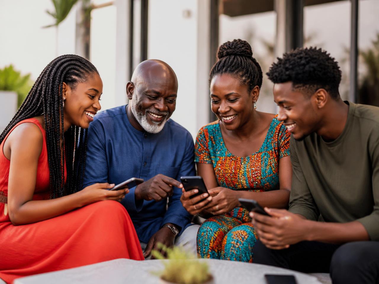 A group of Ghanaian adults of different ages sitting together and reading wellness content on their phones