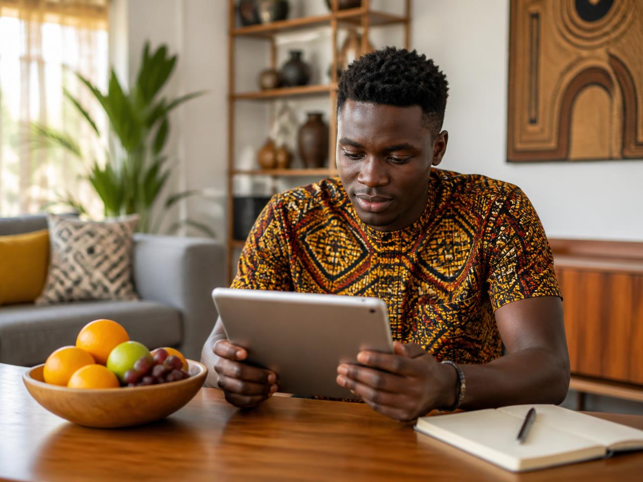 A young Ghanaian man reading health education content on a tablet at home beside a bowl of fresh fruit