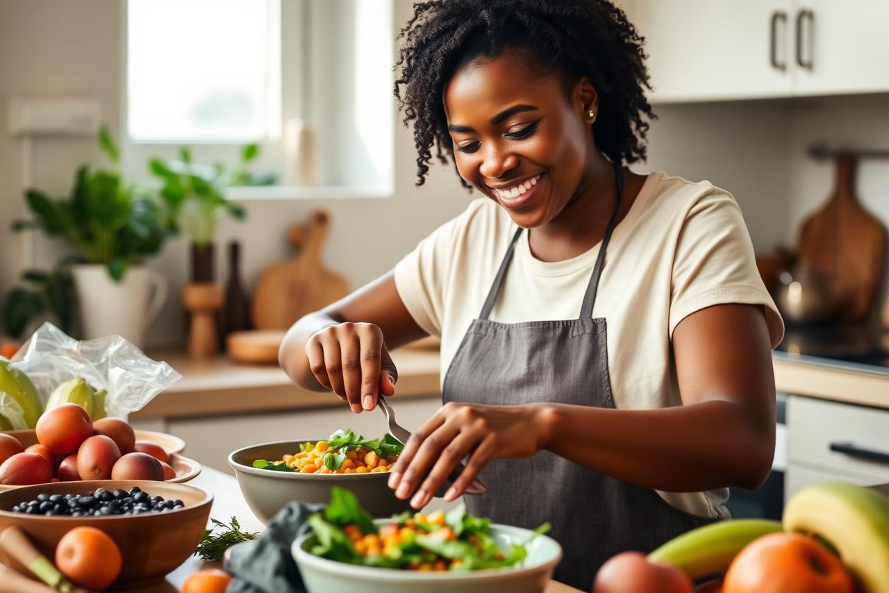A woman preparing a colourful, fibre-rich meal in a bright kitchen