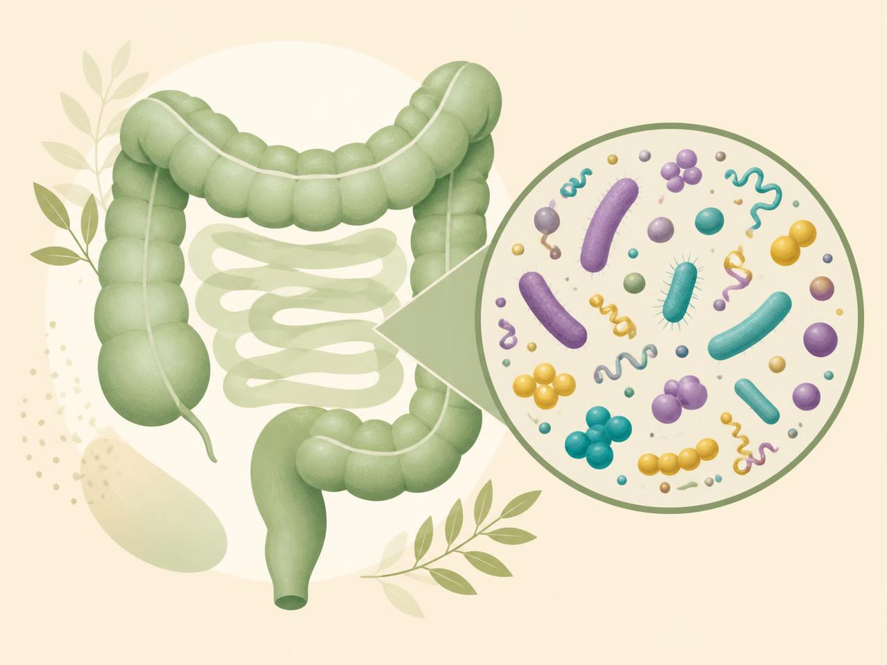 Illustration of the large intestine with a magnified view of a diverse community of gut microorganisms.