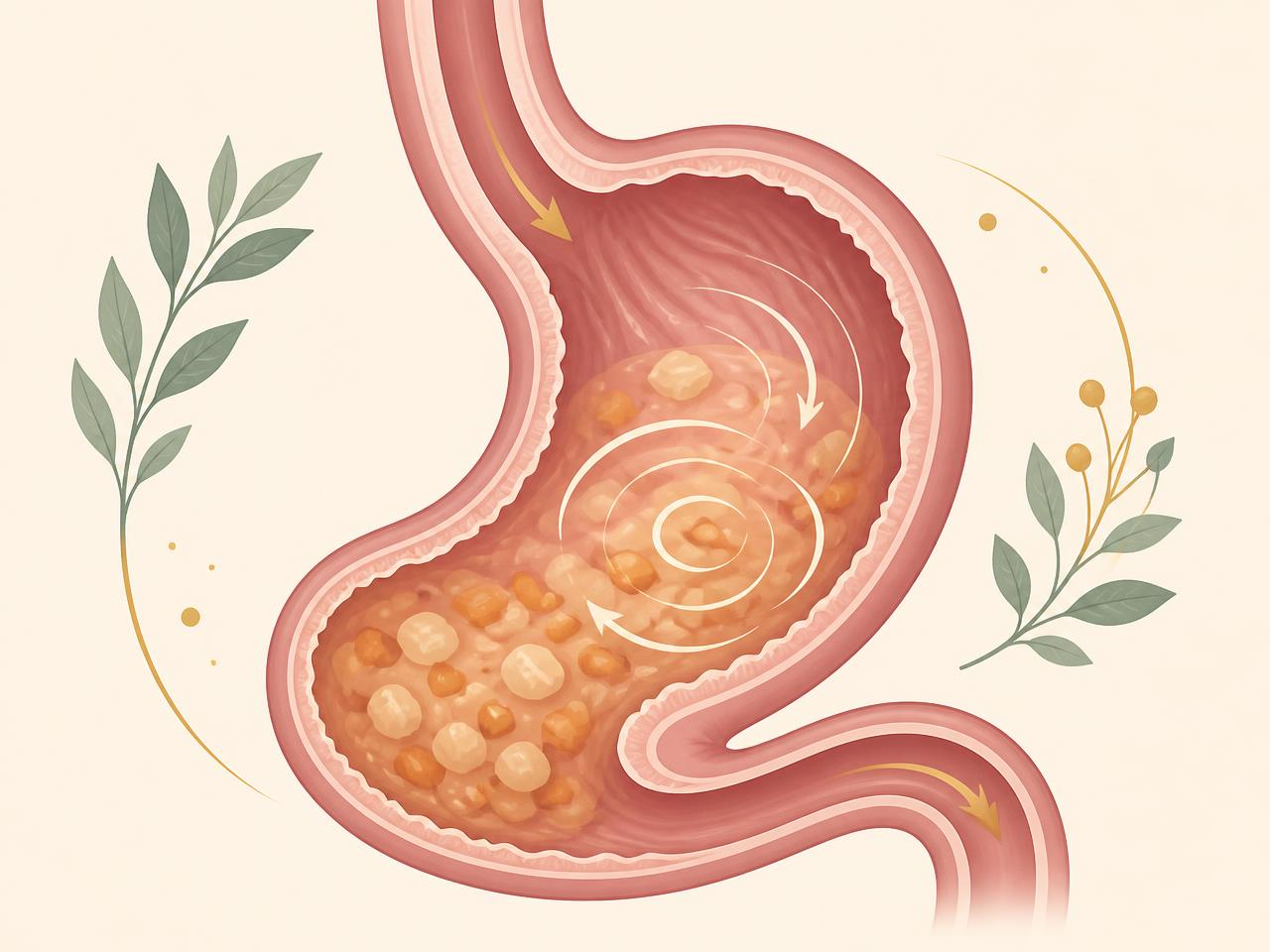 Illustration of a stomach cross-section showing food entering from the oesophagus, mixing inside the stomach, and passing onward toward the small intestine.
